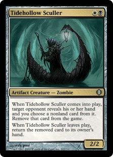 Tidehollow Sculler
 When Tidehollow Sculler enters the battlefield, target opponent reveals their hand and you choose a nonland card from it. Exile that card.
When Tidehollow Sculler leaves the battlefield, return the exiled card to its owner's hand.
